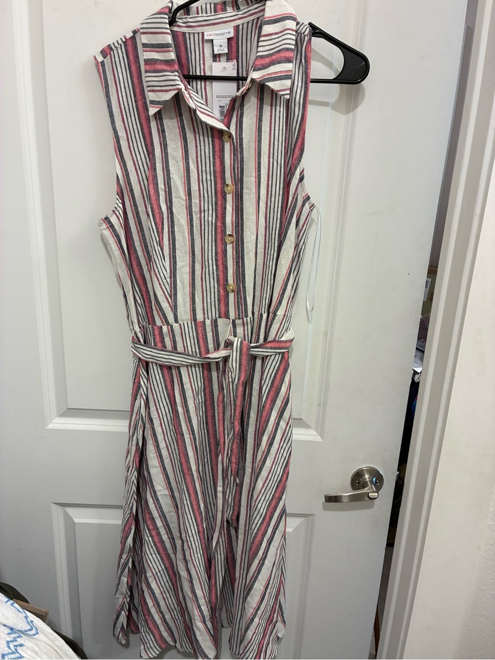 Liz Claiborne Sleeveless Collared Midi Dress in White, Pink & Black Stripes